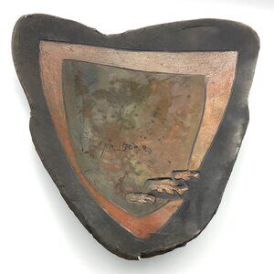 Signed Kimmberly Ioane 1992 Raku Ceramic Abstract Art Plate Wall Hanging Copper